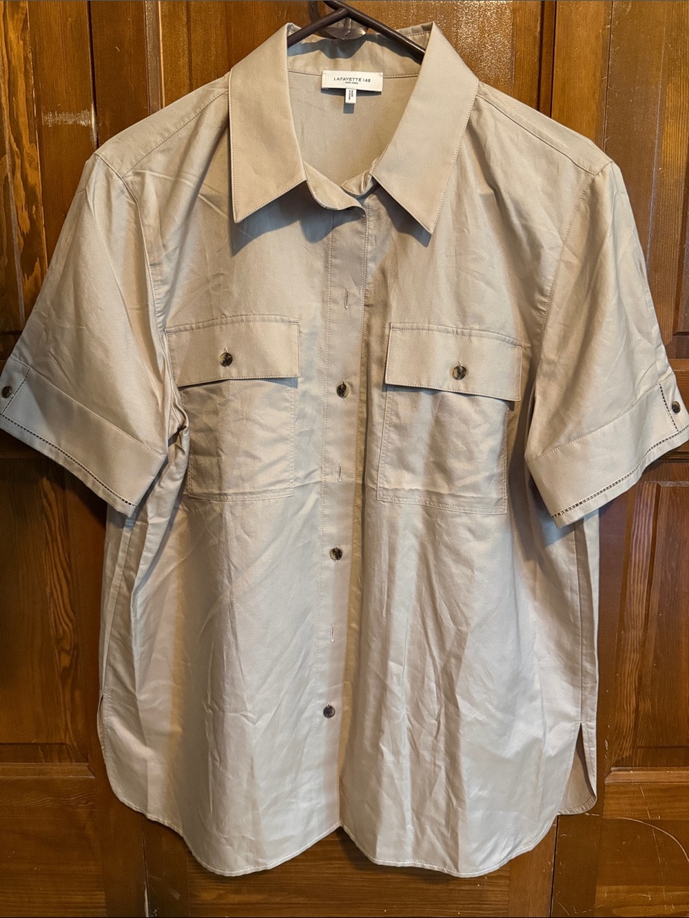 Lafayette 148 New York Short Sleeve Button-Front Shirt in Taupe